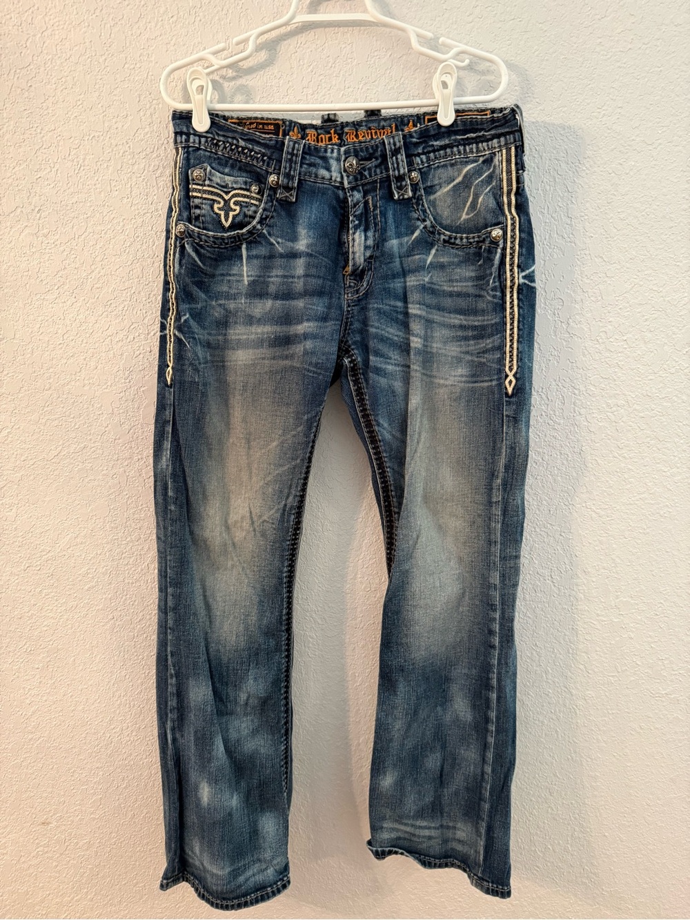 Rock Revival Men's Washed Blue Relaxed Jeans with Contrast Stitching